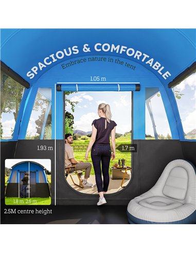 Outsunny 8-Person Camping Tent, Waterproof Family Tent, Tunnel Design, 4 Large Windows, Sleeping Cabins 3000mm Water Column Blue