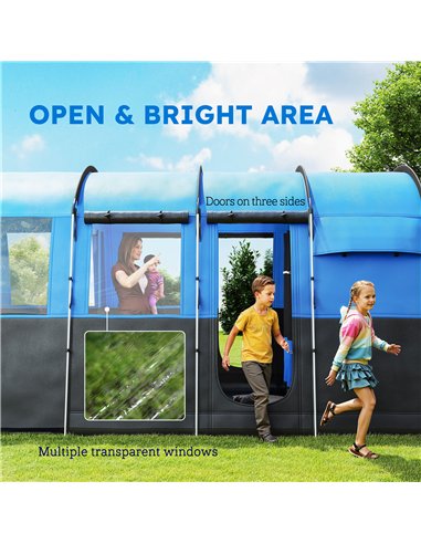 Outsunny 8-Person Camping Tent, Waterproof Family Tent, Tunnel Design, 4 Large Windows, Sleeping Cabins 3000mm Water Column Blue