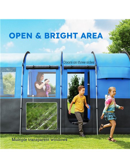 Outsunny 8-Person Camping Tent, Waterproof Family Tent, Tunnel Design, 4 Large Windows, Sleeping Cabins 3000mm Water Column Blue - pic 160550 | FastDaddyshop