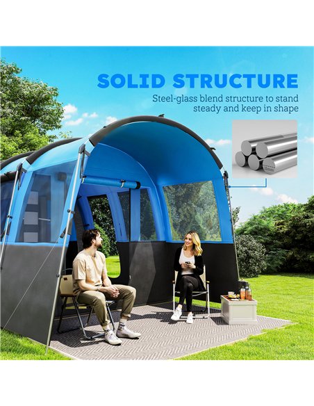 Outsunny 8-Person Camping Tent, Waterproof Family Tent, Tunnel Design, 4 Large Windows, Sleeping Cabins 3000mm Water Column Blue - pic 160551 | FastDaddyshop