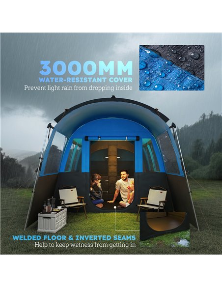 Outsunny 8-Person Camping Tent, Waterproof Family Tent, Tunnel Design, 4 Large Windows, Sleeping Cabins 3000mm Water Column Blue - pic 160552 | FastDaddyshop
