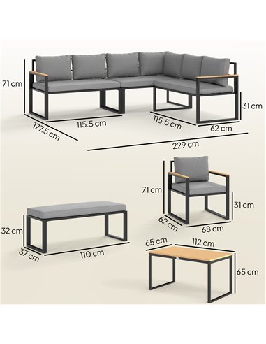 Outsunny Six Piece L Shaped Garden Furniture Set with 3 Loveseats - Natural Wood Finish