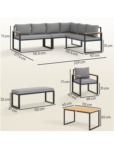 Outsunny Six Piece L Shaped Garden Furniture Set with 3 Loveseats - Natural Wood Finish - pic 160574 | FastDaddyshop