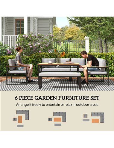 Outsunny Six Piece L Shaped Garden Furniture Set with 3 Loveseats - Natural Wood Finish
