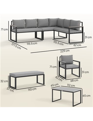 Outsunny Six Piece L Shaped Garden Furniture Set with 3 Loveseats - Grey