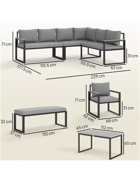 Outsunny Six Piece L Shaped Garden Furniture Set with 3 Loveseats - Grey - pic 160583 | FastDaddyshop