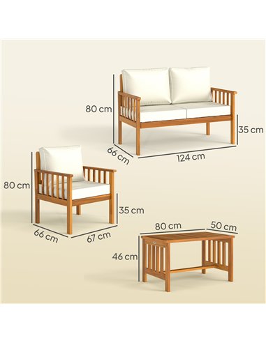 Outsunny Four-Piece Acacia Wood Garden Sofa Set - Teak/Cream
