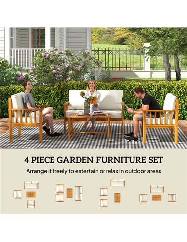 Outsunny Four-Piece Acacia Wood Garden Sofa Set - Teak/Cream