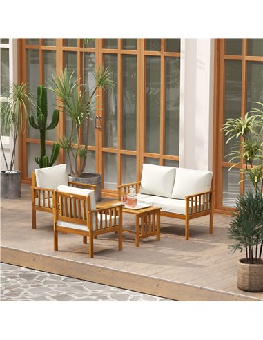Outsunny Four-Piece Acacia Wood Garden Sofa Set - Teak/Cream
