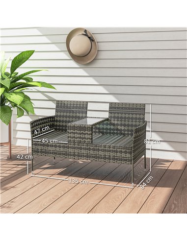 Outsunny Two-Seat Rattan Chair, with Middle Table - Charcoal Grey