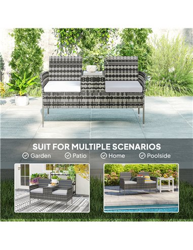 Outsunny Two-Seat Rattan Chair, with Middle Table - Charcoal Grey