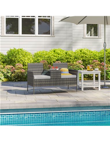 Outsunny Two-Seat Rattan Chair, with Middle Table - Charcoal Grey