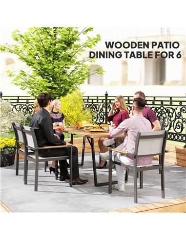 Outsunny Garden Table for 6, 175 x 80 cm Large Rectangle Outdoor Dining Table with 5cm Parasol Hole and Slatted Top, Weather Res