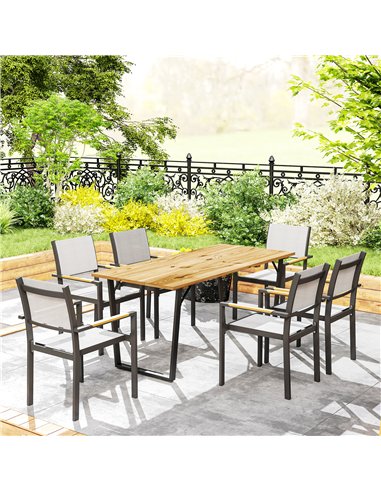 Outsunny Garden Table for 6, 175 x 80 cm Large Rectangle Outdoor Dining Table with 5cm Parasol Hole and Slatted Top, Weather Res