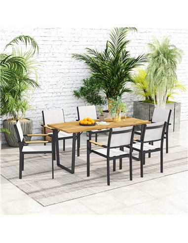 Outsunny Garden Table for 6, 175 x 80 cm Large Rectangle Outdoor Dining Table with 5cm Parasol Hole and Slatted Top, Weather Res