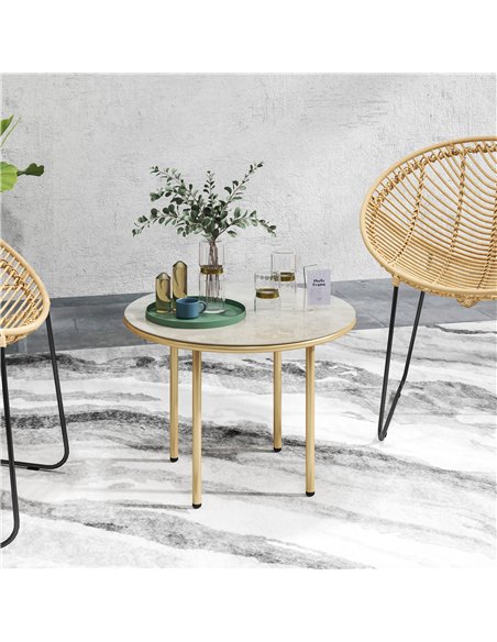 Outsunny Round Small Garden Table, 60cm Outdoor Side Table with Faux Marble Tempered Glass Top, Steel Frame for Garden Patio Bal - pic 160699 | FastDaddyshop