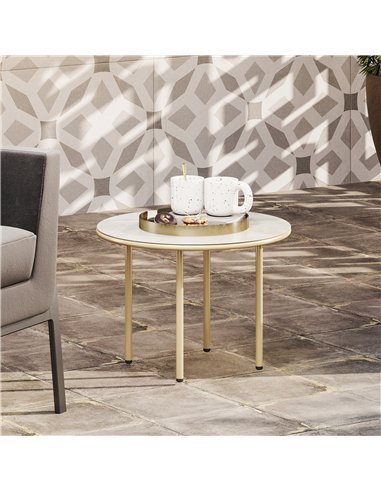 Outsunny Round Small Garden Table, 60cm Outdoor Side Table with Faux Marble Tempered Glass Top, Steel Frame for Garden Patio Bal