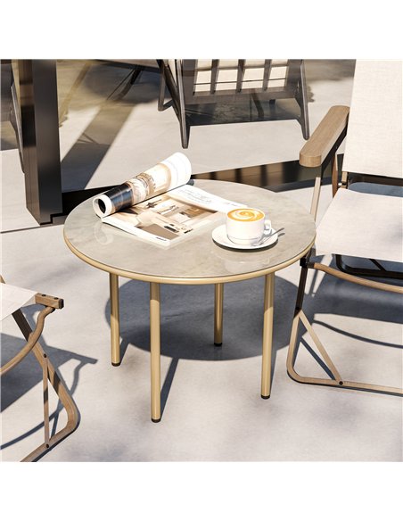 Outsunny Round Small Garden Table, 60cm Outdoor Side Table with Faux Marble Tempered Glass Top, Steel Frame for Garden Patio Bal - pic 160705 | FastDaddyshop