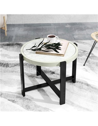 Outsunny Round Small Garden Table, 60cm Outdoor Side Table with Faux Marble Tempered Glass Top, Aluminium Frame for Garden, Pati