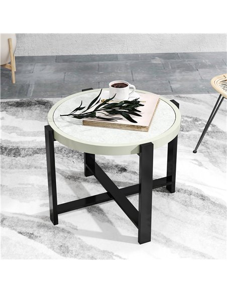 Outsunny Round Small Garden Table, 60cm Outdoor Side Table with Faux Marble Tempered Glass Top, Aluminium Frame for Garden, Pati - pic 160708 | FastDaddyshop