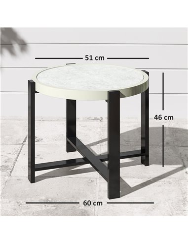 Outsunny Round Small Garden Table, 60cm Outdoor Side Table with Faux Marble Tempered Glass Top, Aluminium Frame for Garden, Pati