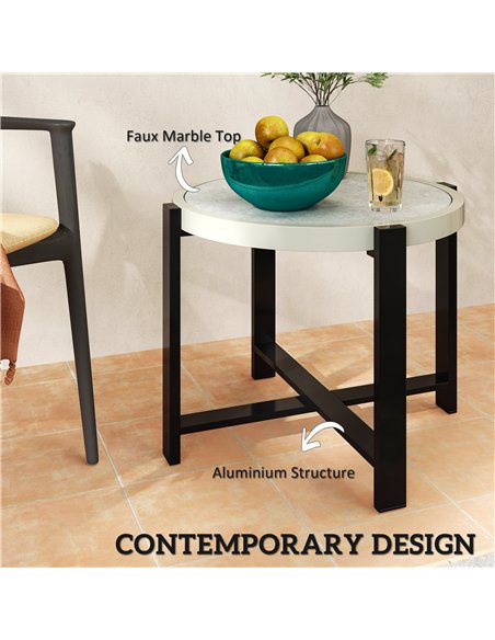 Outsunny Round Small Garden Table, 60cm Outdoor Side Table with Faux Marble Tempered Glass Top, Aluminium Frame for Garden, Pati - pic 160710 | FastDaddyshop