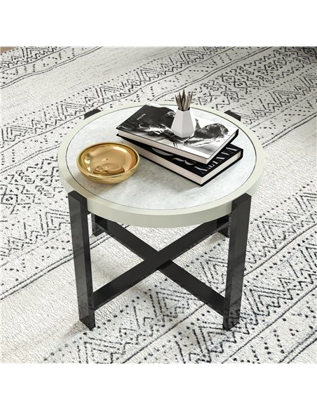 Outsunny Round Small Garden Table, 60cm Outdoor Side Table with Faux Marble Tempered Glass Top, Aluminium Frame for Garden, Pati - pic 160714 | FastDaddyshop