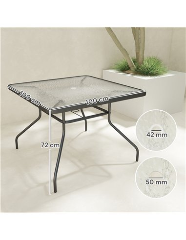 Outsunny Square Garden Dining Table with Tempered Glass Top & Umbrella Hole, 100 x 100 cm