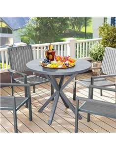 Outsunny Garden Table, 85cm Round Outdoor Dining Table with Steel Frame, Wood Effect Top, for Balcony, Deck, Dark Grey 2