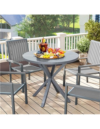 Outsunny Garden Table, 85cm Round Outdoor Dining Table with Steel Frame, Wood Effect Top, for Balcony, Deck, Dark Grey