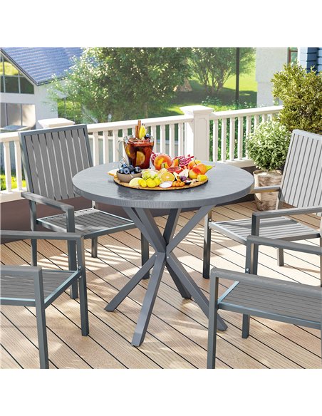 Outsunny Garden Table, 85cm Round Outdoor Dining Table with Steel Frame, Wood Effect Top, for Balcony, Deck, Dark Grey - pic 160726 | FastDaddyshop