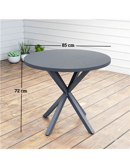 Outsunny Garden Table, 85cm Round Outdoor Dining Table with Steel Frame, Wood Effect Top, for Balcony, Deck, Dark Grey - pic 160727 | FastDaddyshop