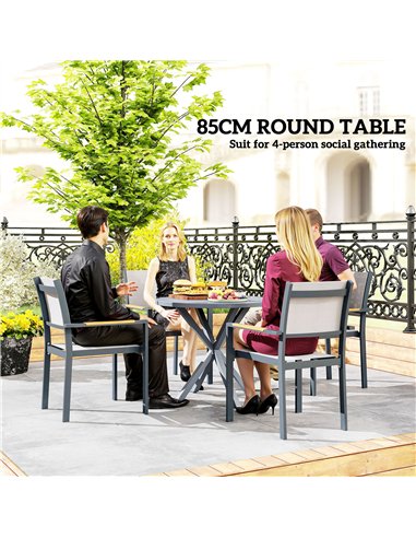 Outsunny Garden Table, 85cm Round Outdoor Dining Table with Steel Frame, Wood Effect Top, for Balcony, Deck, Dark Grey