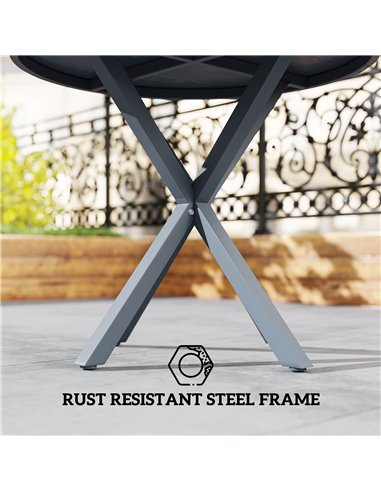 Outsunny Garden Table, 85cm Round Outdoor Dining Table with Steel Frame, Wood Effect Top, for Balcony, Deck, Dark Grey