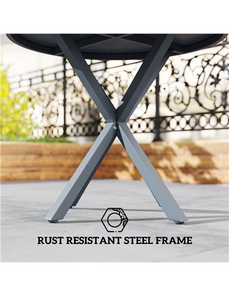 Outsunny Garden Table, 85cm Round Outdoor Dining Table with Steel Frame, Wood Effect Top, for Balcony, Deck, Dark Grey - pic 160729 | FastDaddyshop