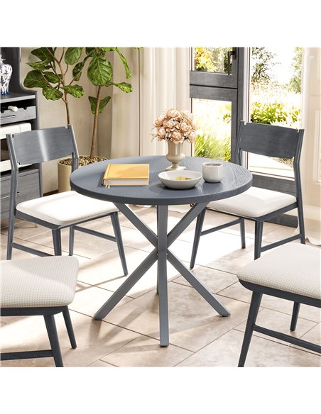 Outsunny Garden Table, 85cm Round Outdoor Dining Table with Steel Frame, Wood Effect Top, for Balcony, Deck, Dark Grey - pic 160731 | FastDaddyshop