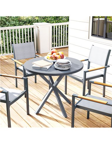 Outsunny Garden Table, 85cm Round Outdoor Dining Table with Steel Frame, Wood Effect Top, for Balcony, Deck, Dark Grey