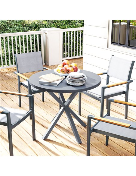 Outsunny Garden Table, 85cm Round Outdoor Dining Table with Steel Frame, Wood Effect Top, for Balcony, Deck, Dark Grey - pic 160732 | FastDaddyshop