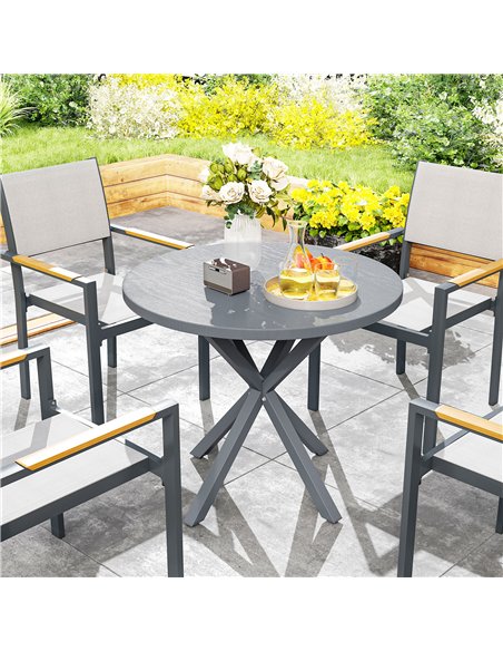 Outsunny Garden Table, 85cm Round Outdoor Dining Table with Steel Frame, Wood Effect Top, for Balcony, Deck, Dark Grey - pic 160733 | FastDaddyshop