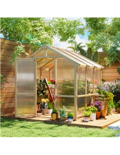Outsunny 6.6 x 6ft Polycarbonate Greenhouse, Walk-in Wooden Greenhouse with Lockable Door and Window, Garden Plants Grow House,  2