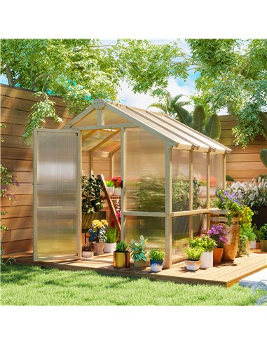Outsunny 6.6 x 6ft Polycarbonate Greenhouse, Walk-in Wooden Greenhouse with Lockable Door and Window, Garden Plants Grow House, 