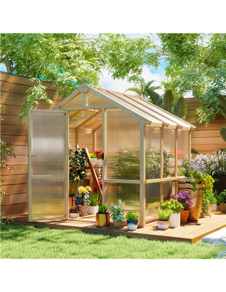 Outsunny 6.6 x 6ft Polycarbonate Greenhouse, Walk-in Wooden Greenhouse with Lockable Door and Window, Garden Plants Grow House,  - pic 160744 | FastDaddyshop