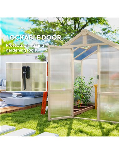 Outsunny 6.6 x 6ft Polycarbonate Greenhouse, Walk-in Wooden Greenhouse with Lockable Door and Window, Garden Plants Grow House, 
