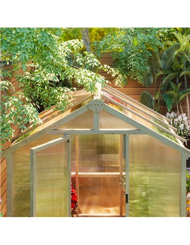 Outsunny 6.6 x 6ft Polycarbonate Greenhouse, Walk-in Wooden Greenhouse with Lockable Door and Window, Garden Plants Grow House, 
