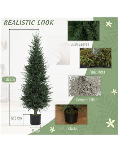 HOMCOM Set of 2 Decorative Artificial Plant, 120 cm Cypress Tree with 638 Leaves in Pot, UV-Resistant Plastic Fake Tree for Indo