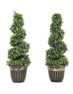 HOMCOM Set of 2 Decorative Artificial Plants, Boxwood Spiral Topiary Tree with Lavender and Pot, Fake Plants for Home Indoor Out