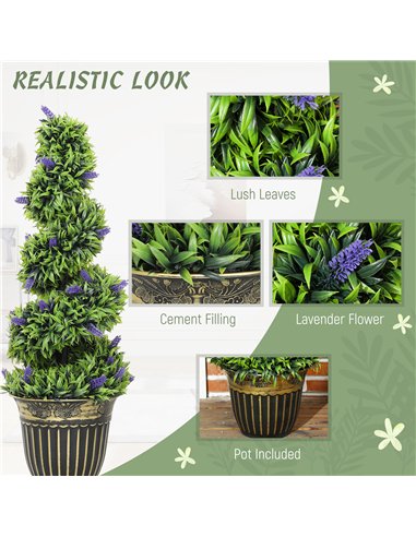 HOMCOM Set of 2 Decorative Artificial Plants, Boxwood Spiral Topiary Tree with Lavender and Pot, Fake Plants for Home Indoor Out