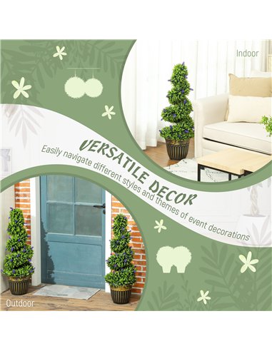 HOMCOM Set of 2 Decorative Artificial Plants, Boxwood Spiral Topiary Tree with Lavender and Pot, Fake Plants for Home Indoor Out