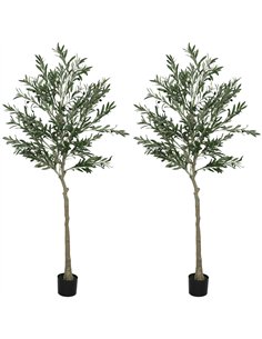 HOMCOM Set of 2 6ft/ 180cm Decorative Artificial Plant, Silk Olive Tree with 900 Leaves and 40 Olive Fruits in Pot, Fake Plant f