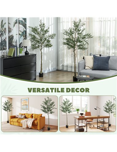 HOMCOM Set of 2 6ft/ 180cm Decorative Artificial Plant, Silk Olive Tree with 900 Leaves and 40 Olive Fruits in Pot, Fake Plant f